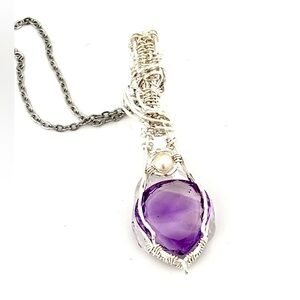 HAND CRAFTED Amethyst Freshwater Pearl Silver Filled Wire Wrap PendantNecklace